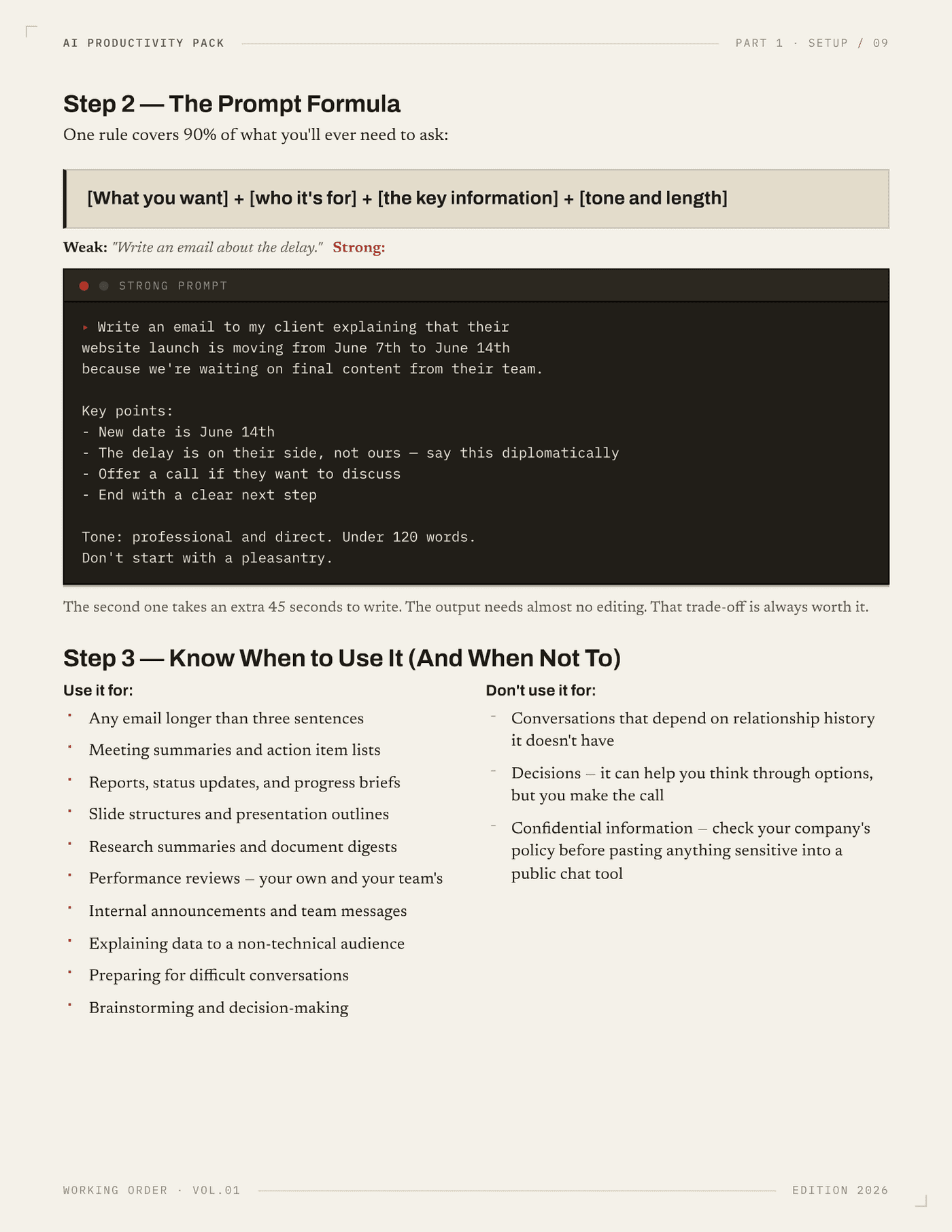 The AI Productivity Pack — prompt formula: weak vs strong, copy-paste ready