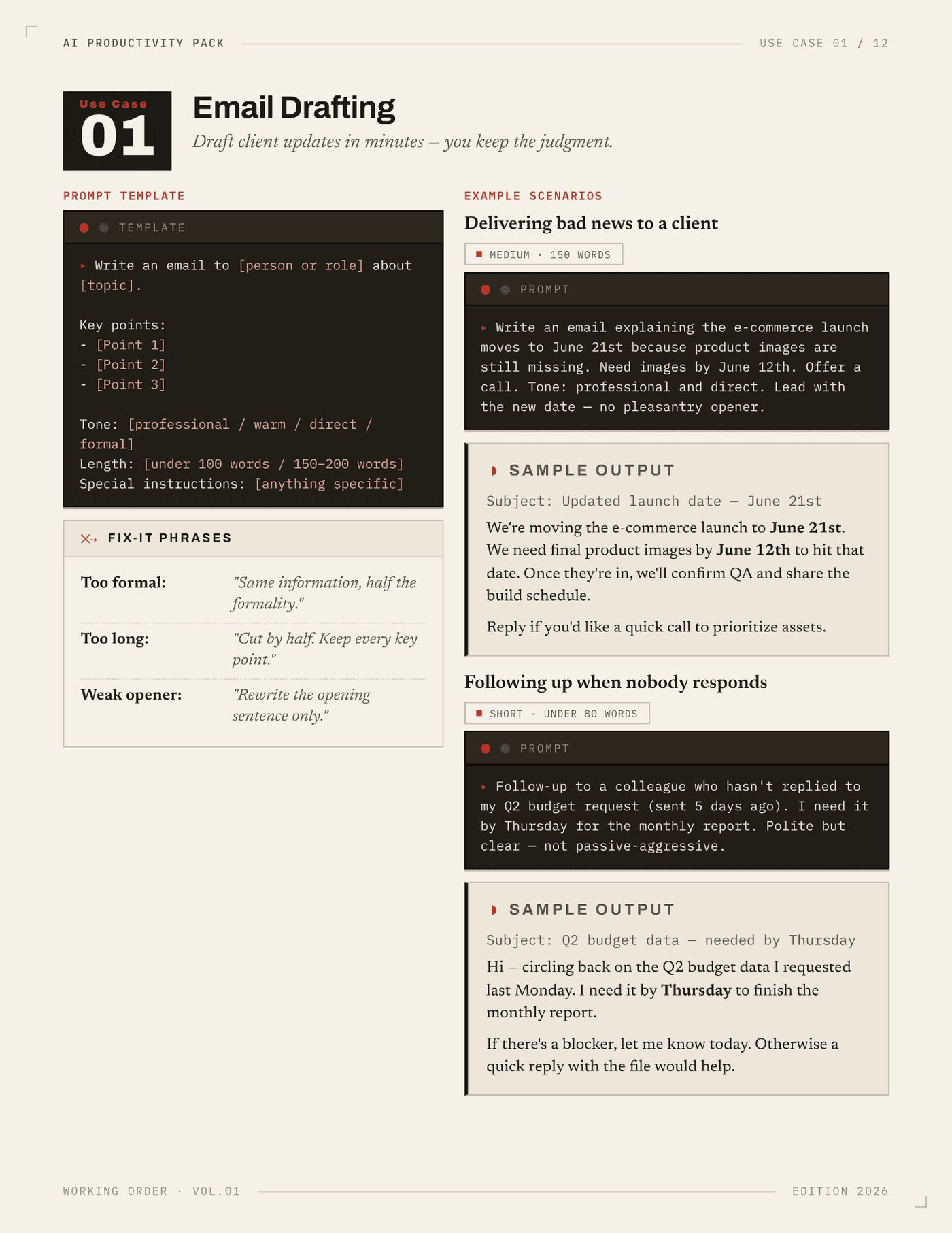 The AI Productivity Pack — use case 01 email drafting: template and filled example