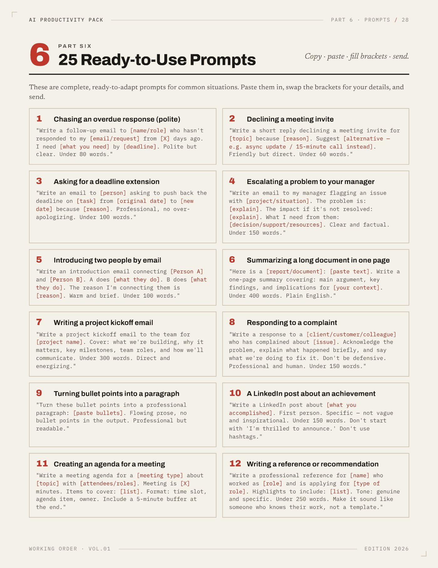 The AI Productivity Pack — 25 ready-to-use prompts: copy, paste, fill brackets, send