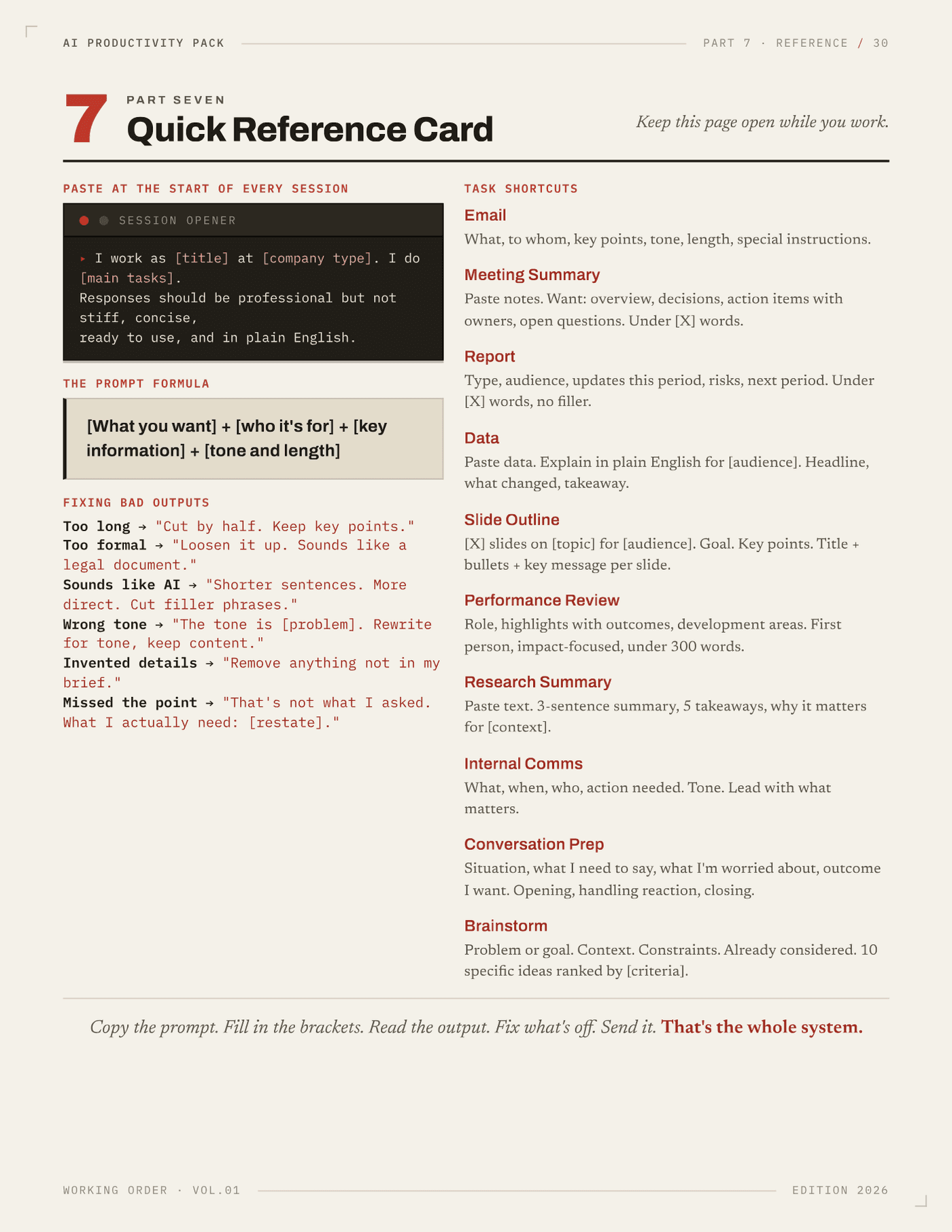 The AI Productivity Pack — quick reference card: session opener for every chat