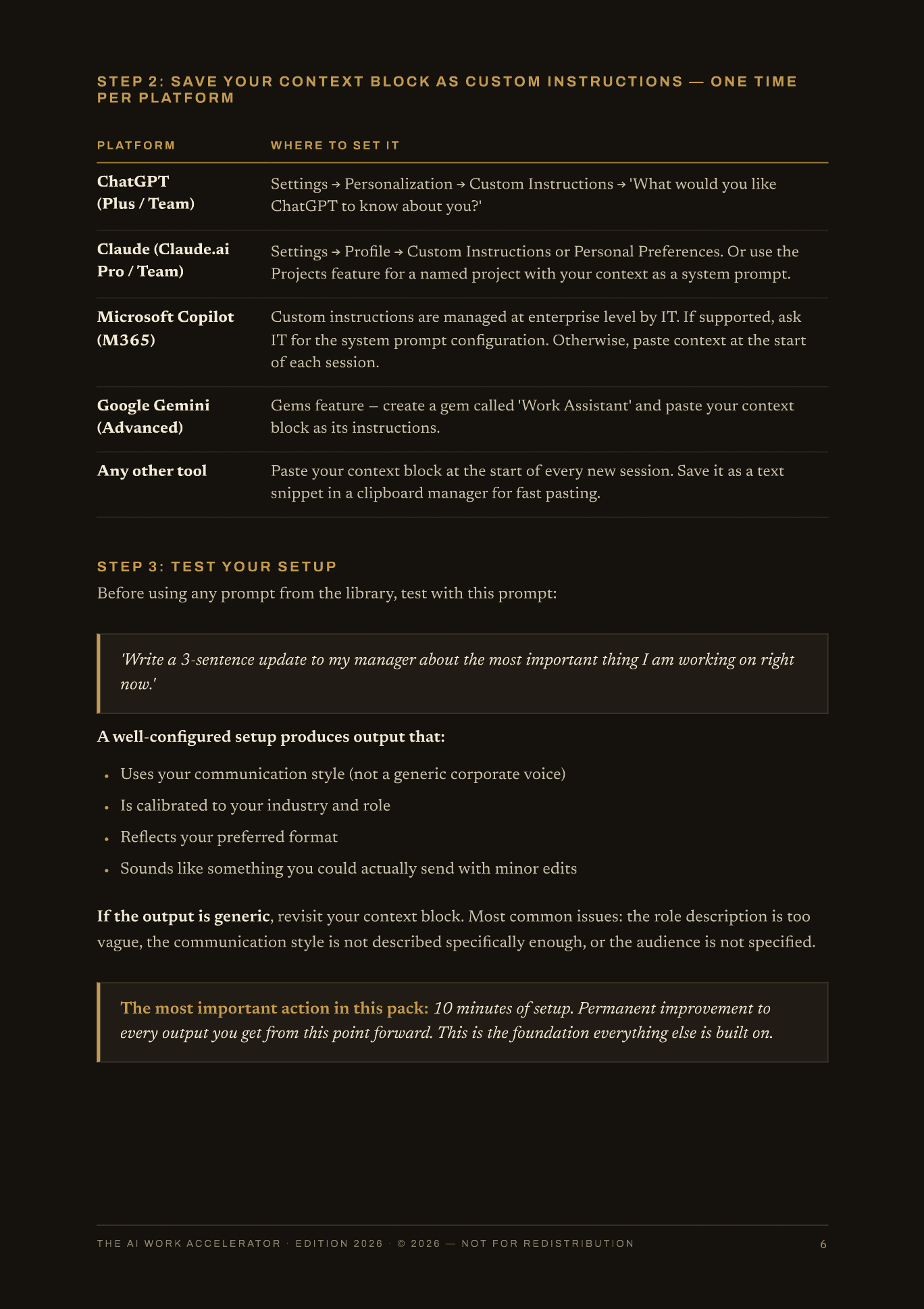 The AI Work Accelerator — 10-minute context setup: template and platform instructions