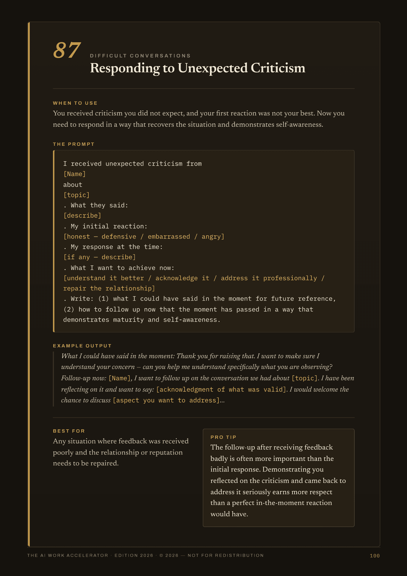 The AI Work Accelerator — prompt 87 difficult conversations: prepare language for hard feedback
