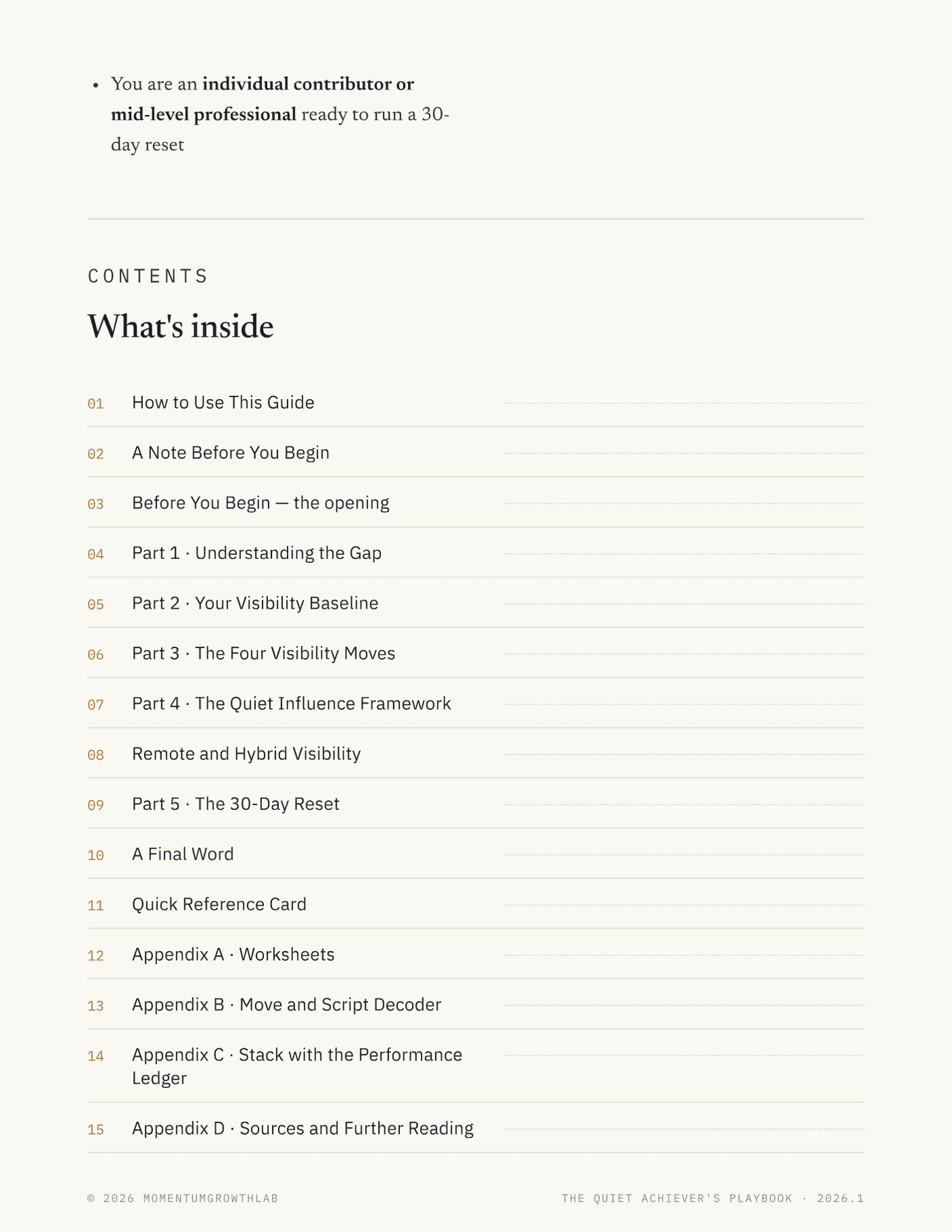 The Quiet Achiever's Playbook — contents: four moves, worksheets, and 30-day reset