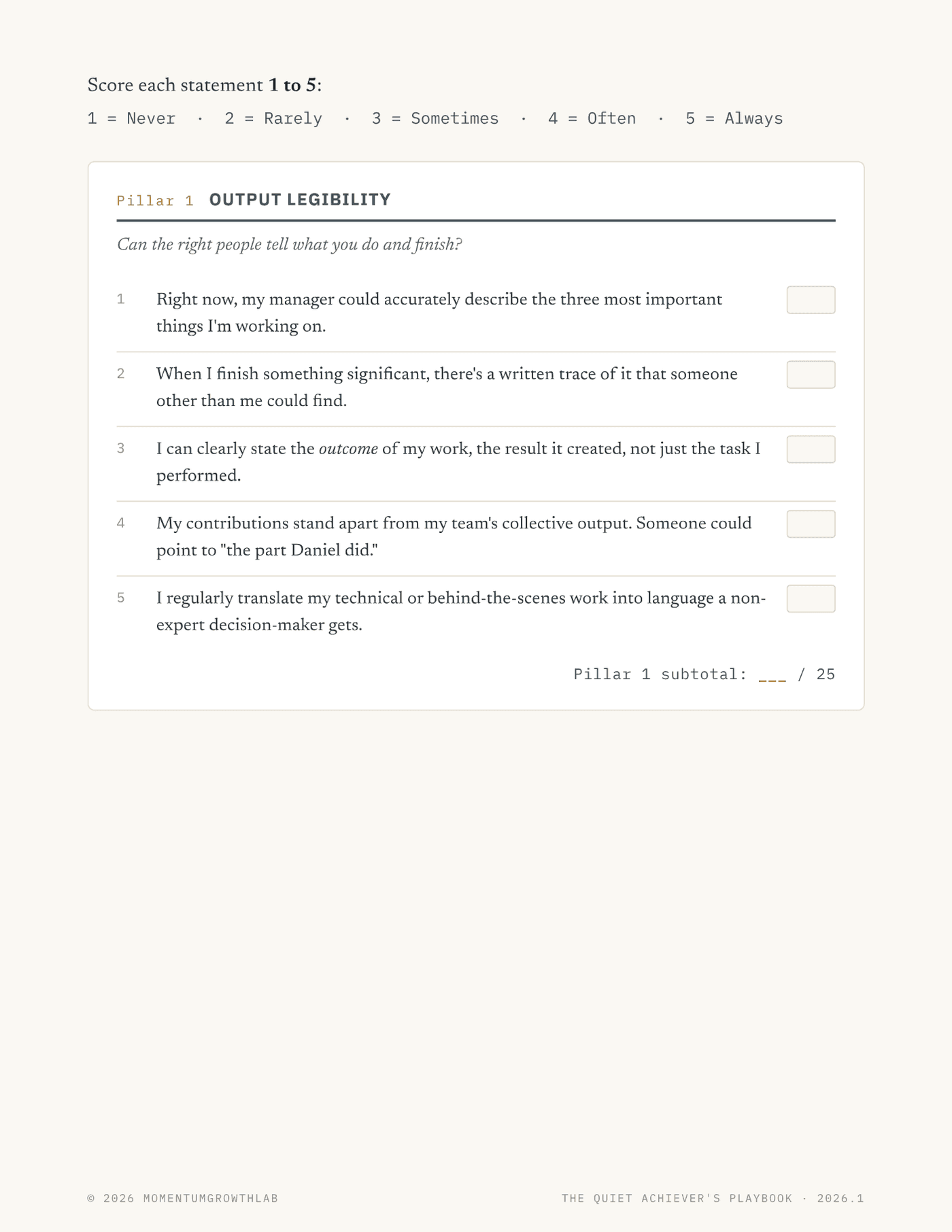 The Quiet Achiever's Playbook — visibility baseline: 20-item assessment across four pillars