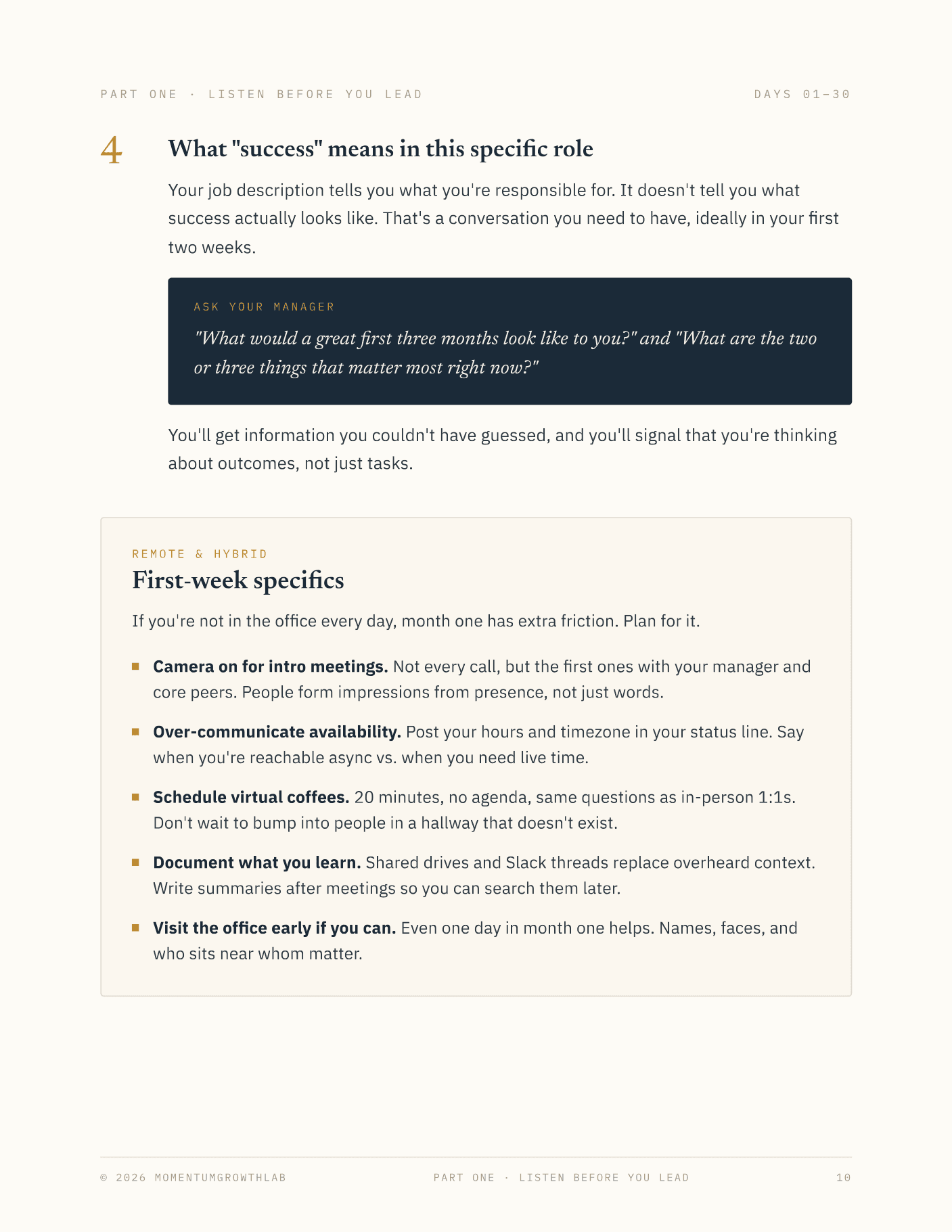 Your First 90 Days at a New Job — what success looks like: questions to ask your manager