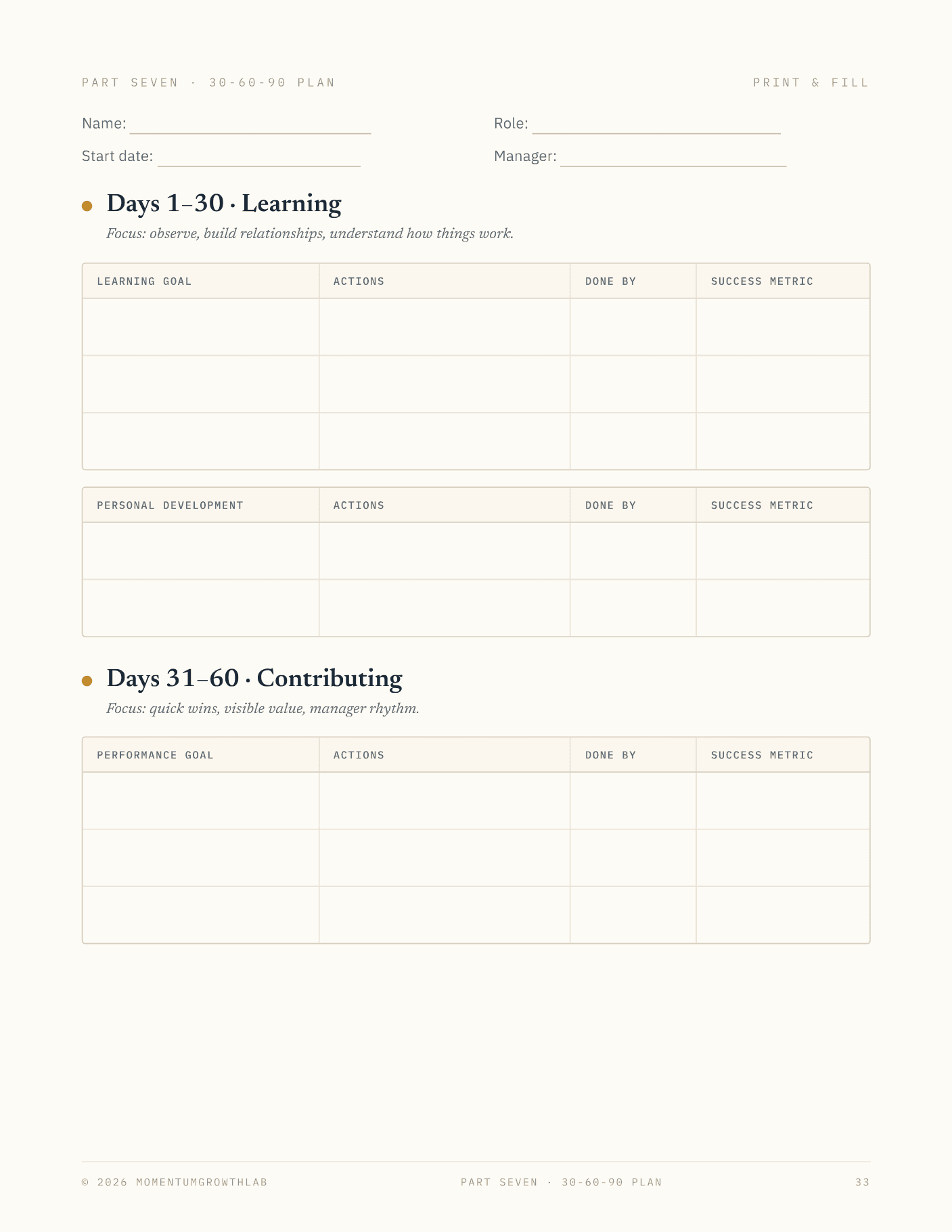 Your First 90 Days at a New Job — 30-60-90 plan worksheet, fill in week two