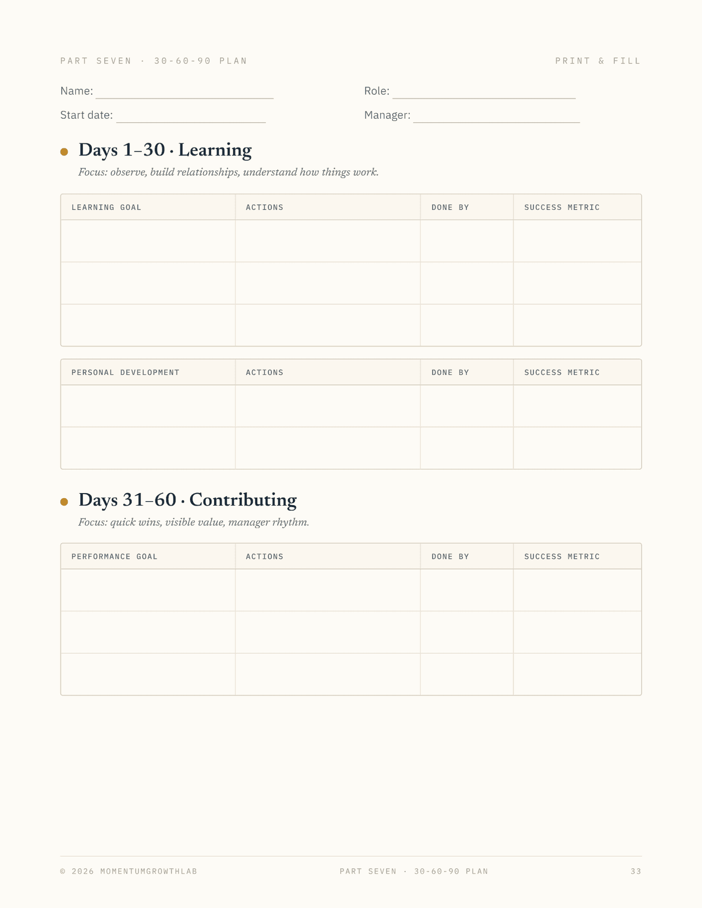 Your First 90 Days at a New Job — 30-60-90 plan worksheet, fill in week two