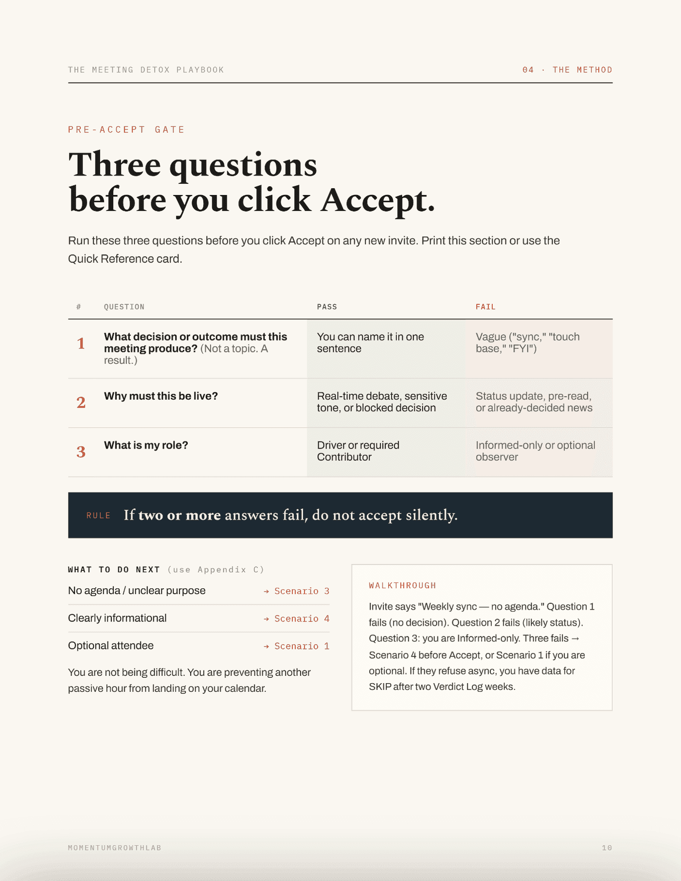 The Meeting Detox Playbook — pre-accept gate: three questions before you click Accept