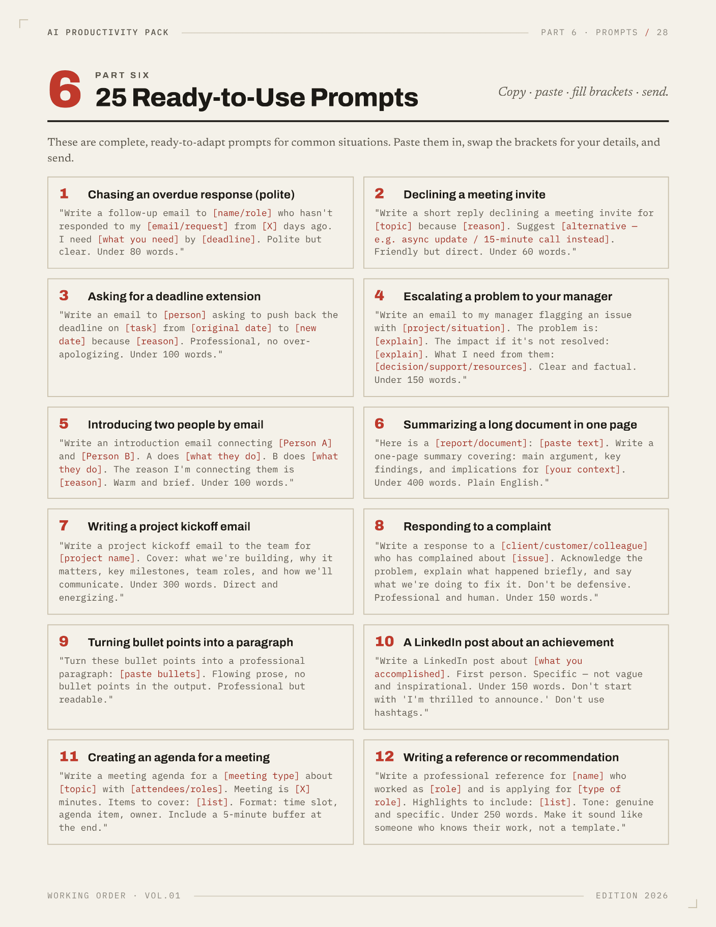 The AI Productivity Pack — 25 ready-to-use prompts: copy, paste, fill brackets, send