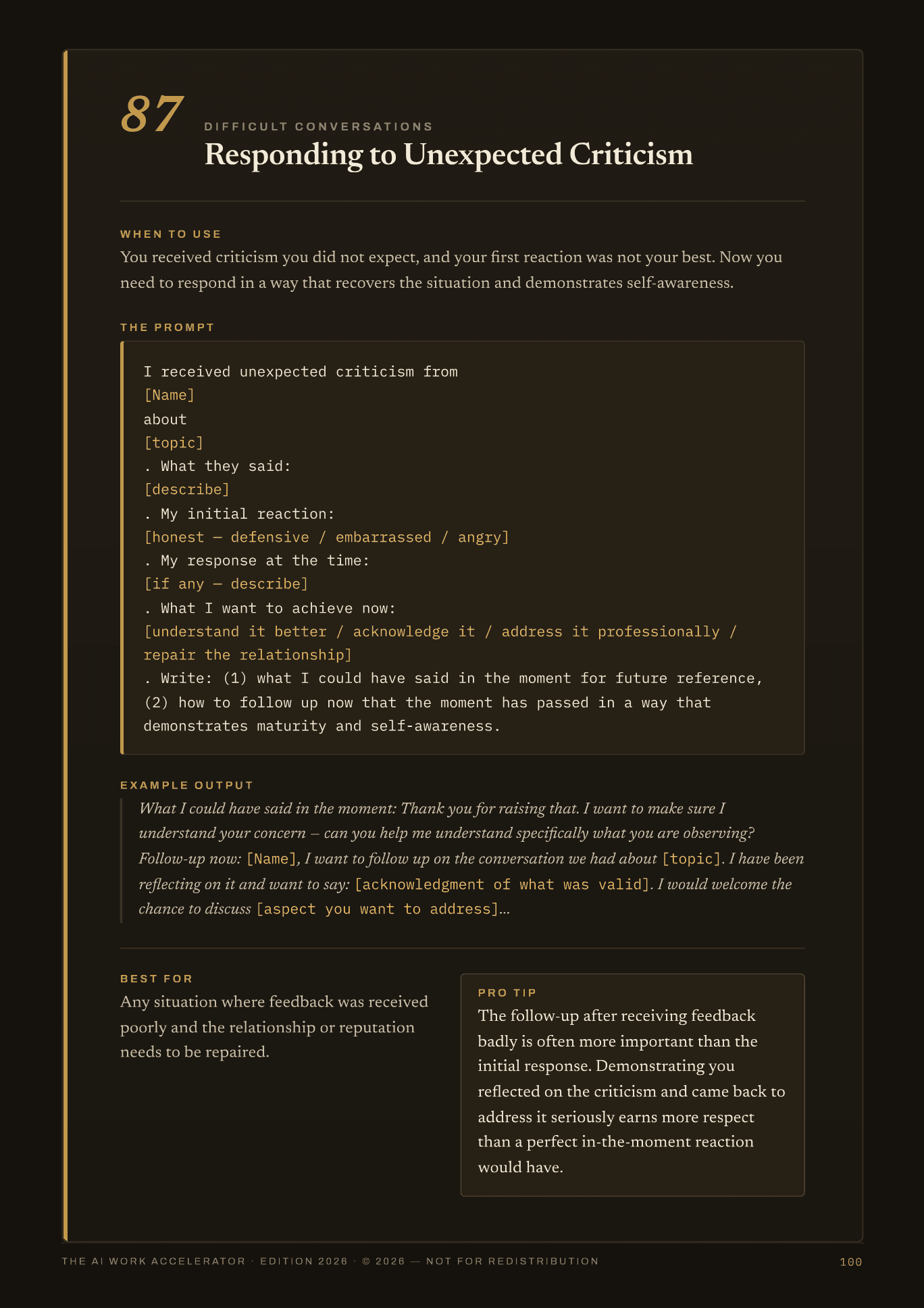 The AI Work Accelerator — prompt 87 difficult conversations: prepare language for hard feedback