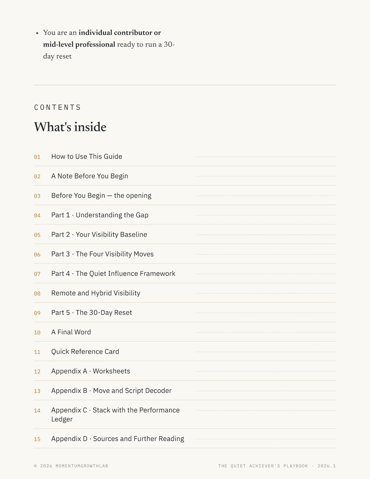 The Quiet Achiever's Playbook — contents: four moves, worksheets, and 30-day reset