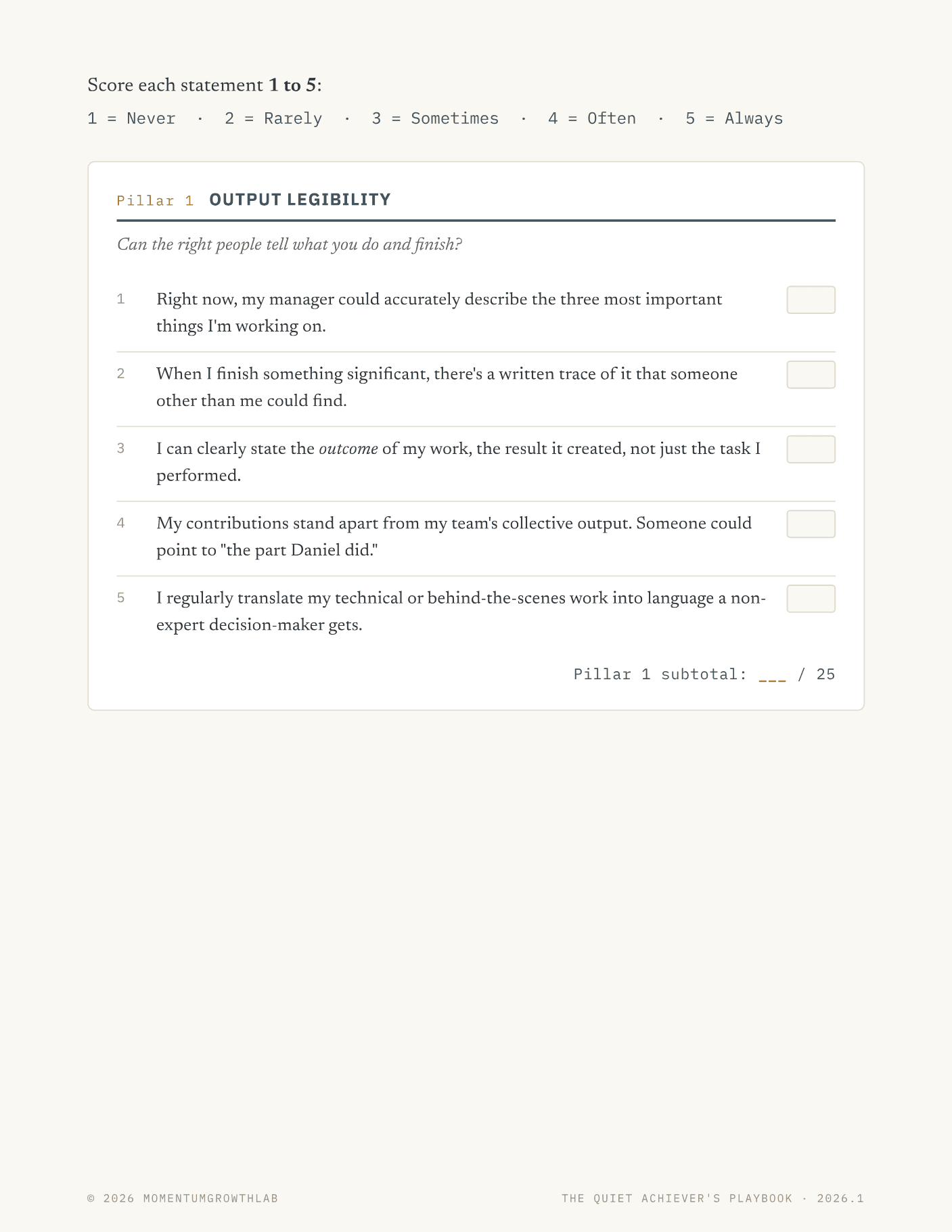 The Quiet Achiever's Playbook — visibility baseline: 20-item assessment across four pillars