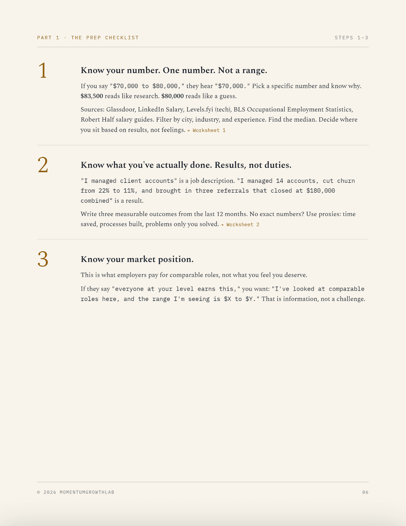 The Salary Negotiation Script — the prep checklist: know your number, know your results