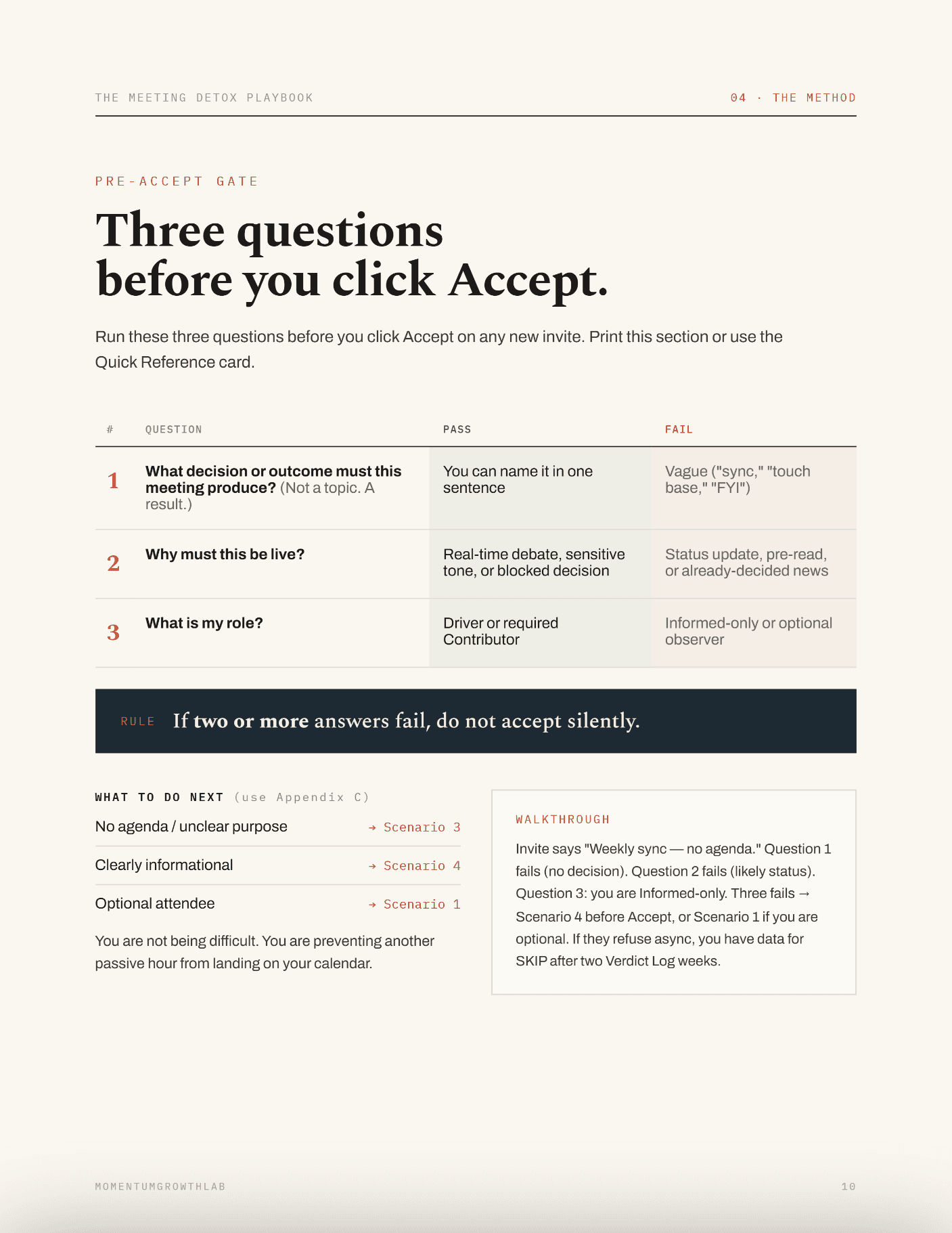 The Meeting Detox Playbook — pre-accept gate: three questions before you click Accept